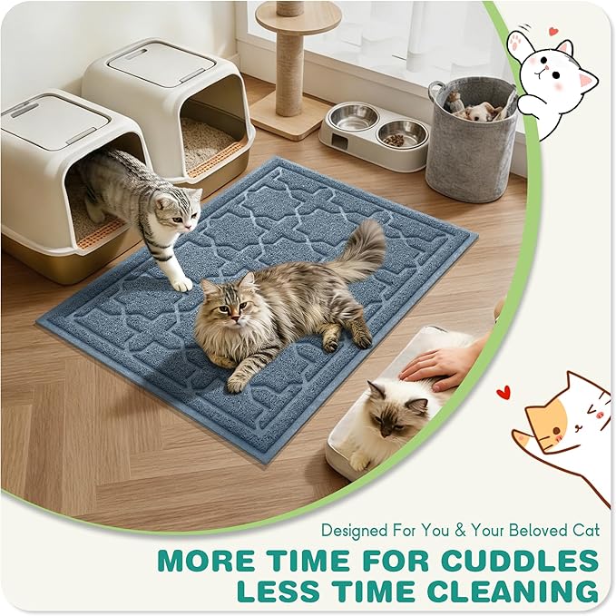 Yimobra Cat Litter Mat, Litter Trapping Waterproof Non Slip PVC Mat, Scatter Control Easy Clean for Litter Box, 35.4"x23.6", Tea Blue