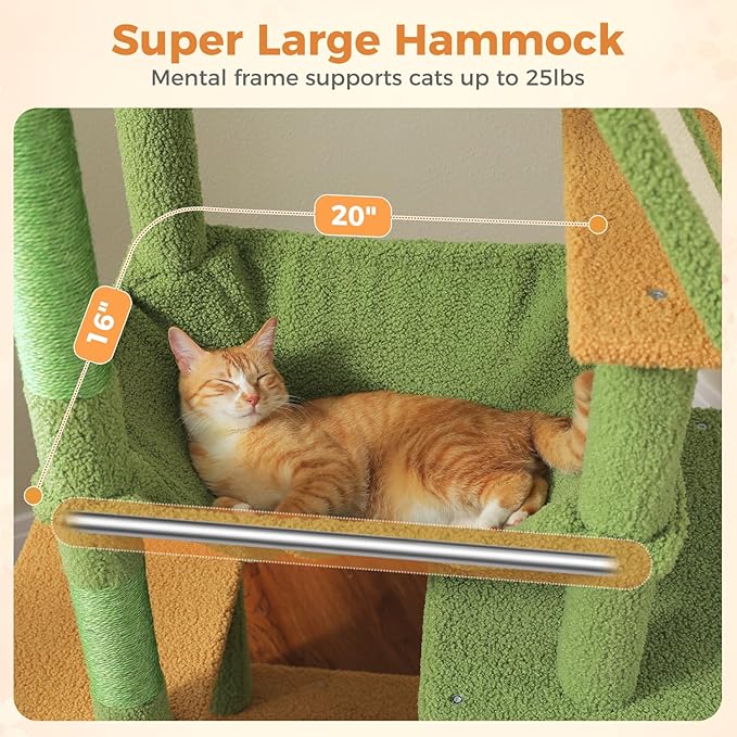 MUTTROS 71” Cactus Cat Tree for Large Cats, Extra Stable Tall Cat Tower with Oversized Hammock, 2 Condos, Sisal Scratching Posts, Vertical Multi-Level Cat Tree for Indoor Multi-Cat Homes