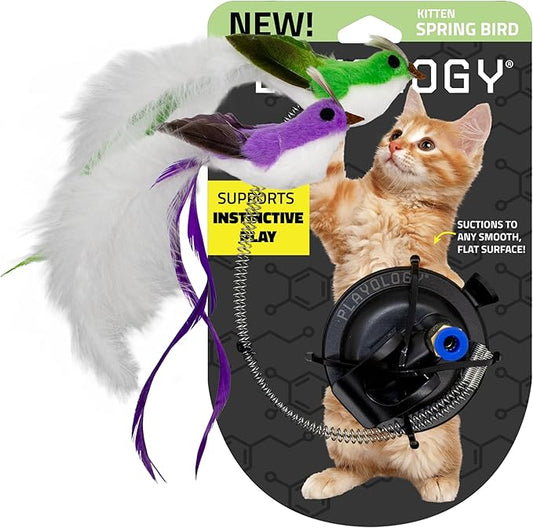 Playology Cat Toys | Suction Cup Spring Bird Toy Including 2 Replacement Feather Birds | Interactive Cat Toys for Indoor Cats