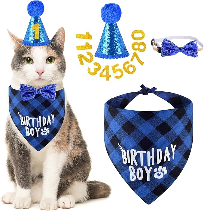 Cat Birthday Party Supplies, Cat Kitten Birthday Bandana Hat Numbers Bowtie for Cats Birthday Party Decorations