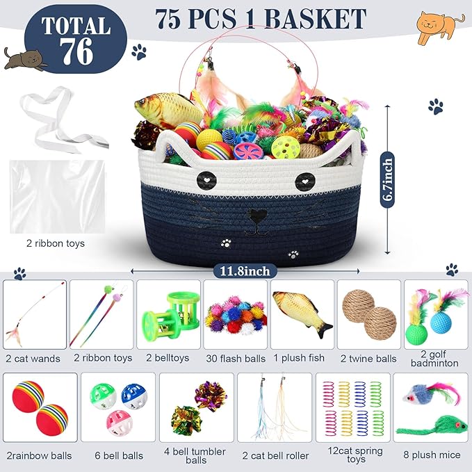 Zopeal 76 Pcs Graduation Cat Storage Basket Gift Toys Set Interactive Cat Toys Kitten Wand Colorful Flashing Balls Pet Crinkle Balls Attract Kitten to Swat, Hunt for Pet Indoor(Blue)