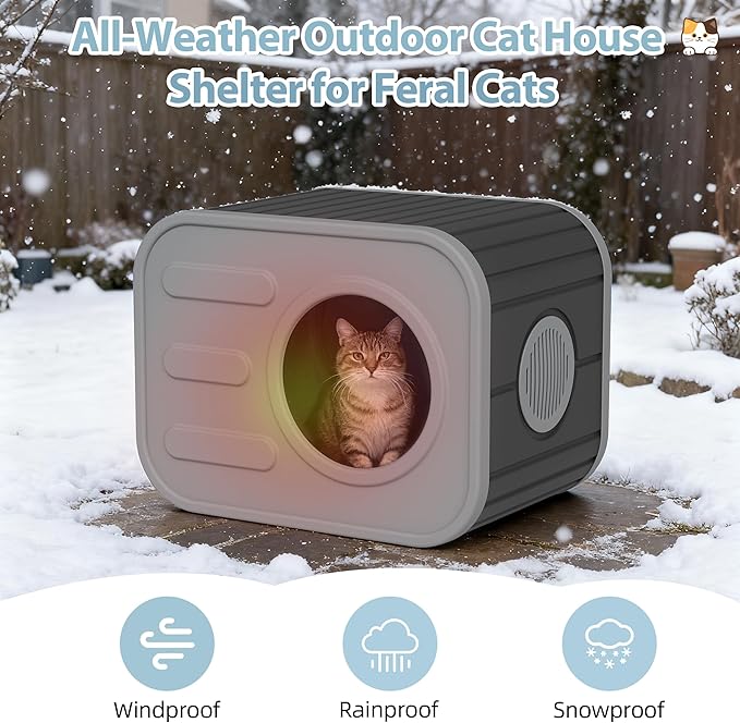 Cat Houses for Outdoor Indoor Cats, Insualted Outdoor Cat House Weatherproof with Camera-Shaped Design, Sturdy Resin Shelter for Patio,Garden Grey