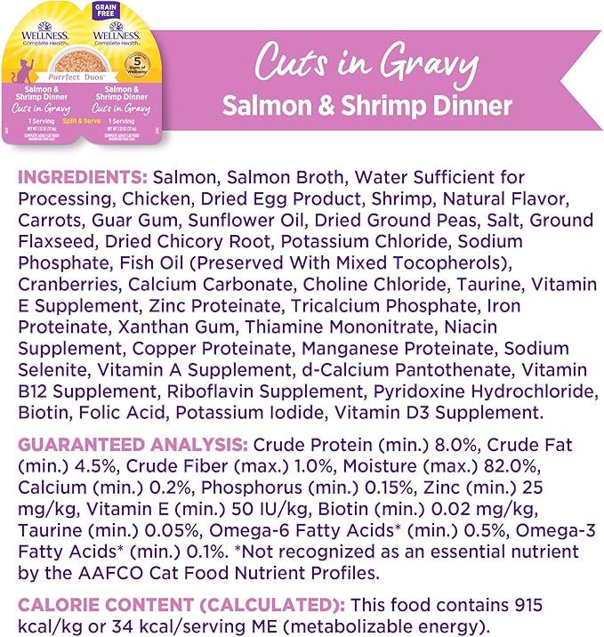 Wellness Complete Health Purrfect Duos Cuts in Gravy Adult Wet Cat Food, Natural, Protein Rich, Grain Free, Salmon and Shrimp Dinner Recipe, 2.64 oz, Pack of 12 Split Cups