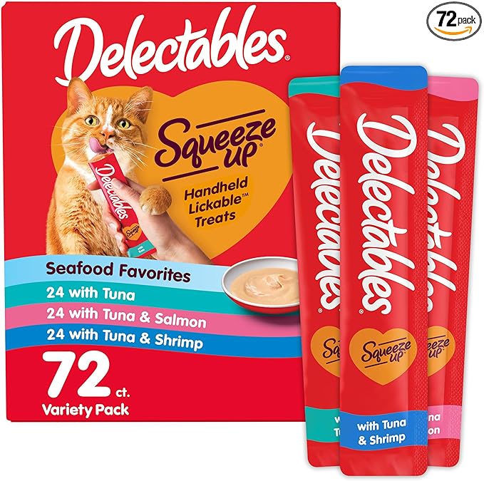 Delectables Squeeze Up Seafood Variety Pack, Creamy Squeezable Puree, Lickable Wet Cat Treats, Grain Free, No Added Fillers, No by-Products, No Added Preservatives, 0.5 Ounces Tube, 72 Tubes Total