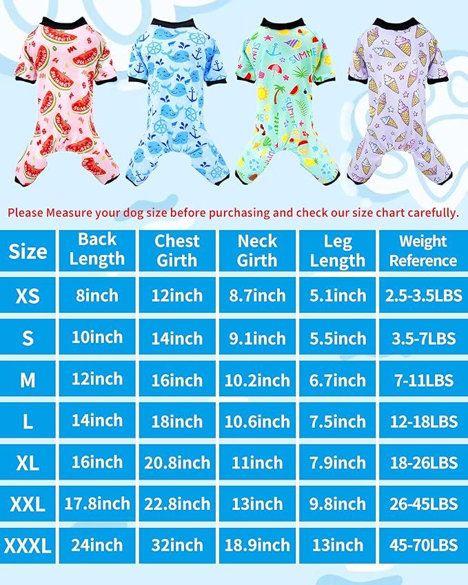 PET SHOW 4 Pack Dog Pajamas for Medium Large Dogs Girl Boy Watermelon Soft Stretchy PJs Whale Ice Cream Jumpsuit Dog Floral Onesies Outfits with Sleeve Pets Breathable Summer Clothes Costume XXL