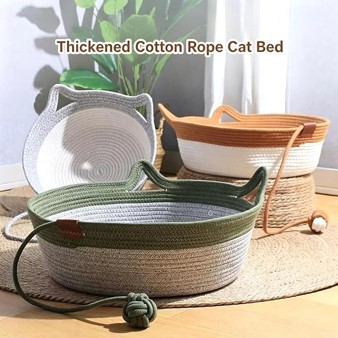 Handwoven Cotton Rope Interactive Cat Bed Basket, Foldable & Scratchable Nest with Toy Ball and Cushion, Stimulating Instinct Basket for Cats & Kittens, Silent Play Cat Basket Nest(Green,Large)