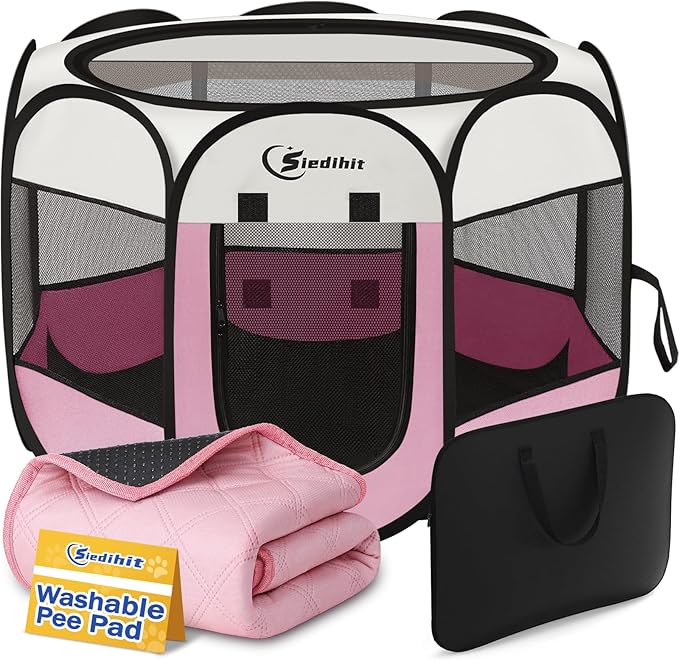 Siedihit Dog Cat Playpen, Puppy Pet Playpen Indoor for Small Dog Crate Tent Cage Outdoor, Portable Pop Up Dogs Enclosure Kennel with Carrying Case for Dogs/Cats/Rabbits(Pink, Small with pad)