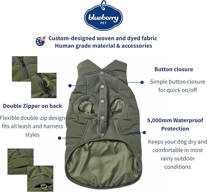 Blueberry Pet Cozy & Comfy Windproof Waterproof Quilted Fall Winter Dog Puffer Jacket in Dark Olive, Back Length 15 3/4", Size 14", Warm Coat for Medium Dogs