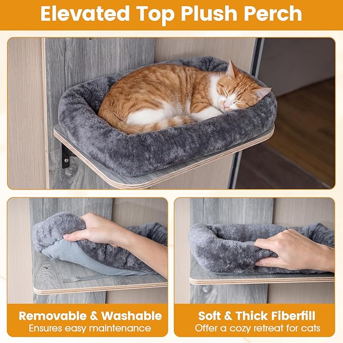 PETSITE Door Mounted Cat Tree, 58.5-61.5 Inches Height Adjustable Hanging Cat Climber with Scratching Post, Detachable Scratching Mats, and Comfy Plush Cat Bed (Grey)