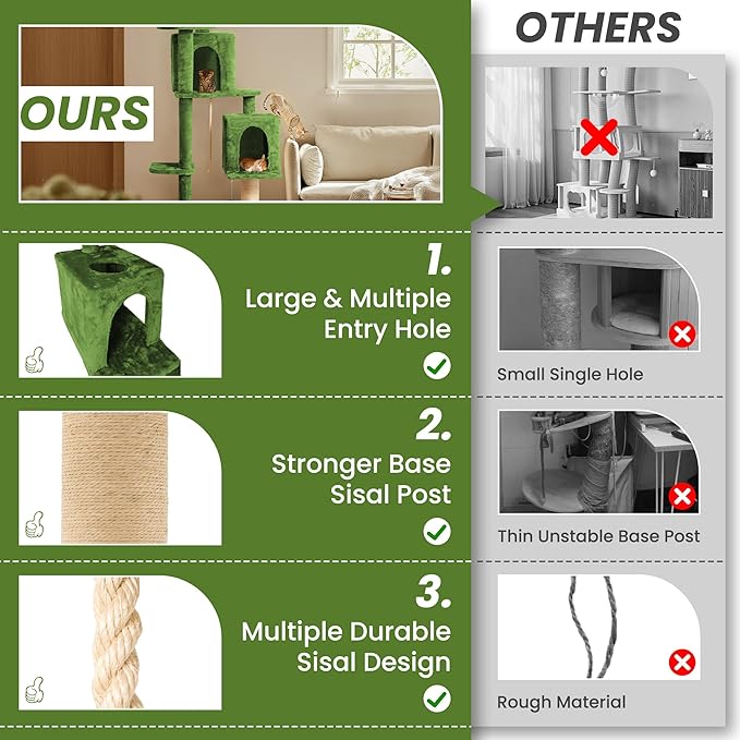 59in Large Cat Tree Tower for Indoor Cats with Soft Plush Hang Ball, Two Condos, Sisal Scratch Posts & Rope Play for Kittens/Adult Cats, Green