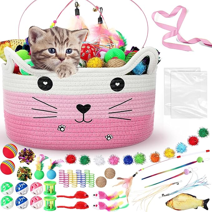 Zopeal 76 Pcs Graduation Cat Storage Basket Gift Toys Set Interactive Cat Toys Kitten Wand Colorful Flashing Balls Pet Crinkle Balls Attract Kitten to Swat, Hunt for Pet Indoor(Pink)