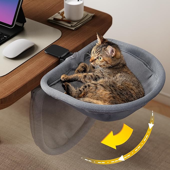 JUNSPOW Cat Desk Bed - One-Click Folding, Sunken Design & Space-Saving Semi-Circular Cat Bed, Mesh Cover Material, Suitable for Various Desktops-Maximum Hold Up to 40lb