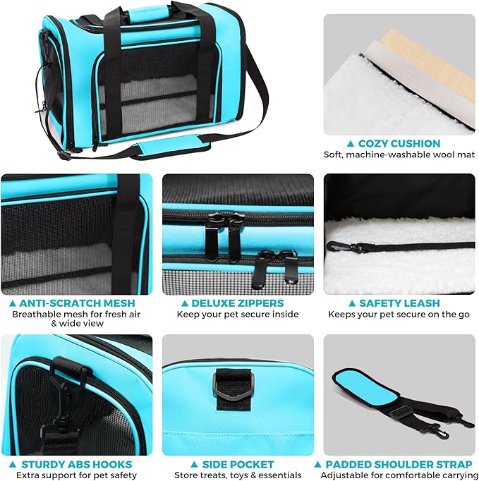 Soft-Sided Cat Carrier Expandable Pet Carrier Airline Approved Mesh Travel Carrier Up to 22lbs for Cats Small Dogs Collapsible Escape-Proof with Shoulder Strap (20x13x13 Blue)