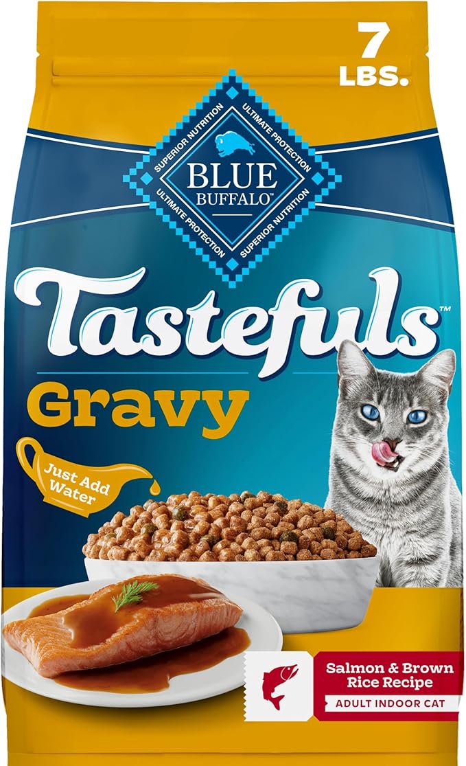 Blue Buffalo Tastefuls Irresistible Gravy Experience Salmon & Brown Rice Recipe Dry Indoor Cat Food for Adult Cats, Deliciously Healthy Natural Cat Food, Supports Digestion & Coat Health, 7 lbs.