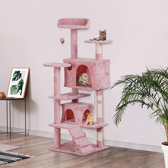 52” Multi-Level Cat Tree Condo Furniture Kitten Activity Play House Bed Pet Kitty Climbing Tower with Scratching Posts/Plush Perch/Scratcher Ladder/Tunnel for Cats,Kittens,Pets (Pink)