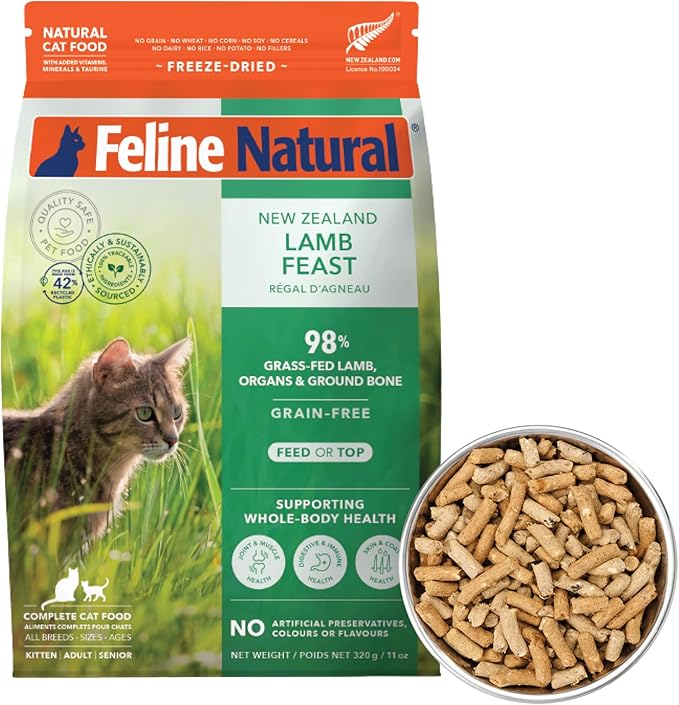 Feline Natural High Protein Dry Cat Food, Freeze-Dried Diet with 98% Meat, Organs & Seafood, No Peas, Grains, or Artificial Additives, Made in New Zealand, Lamb, 11oz