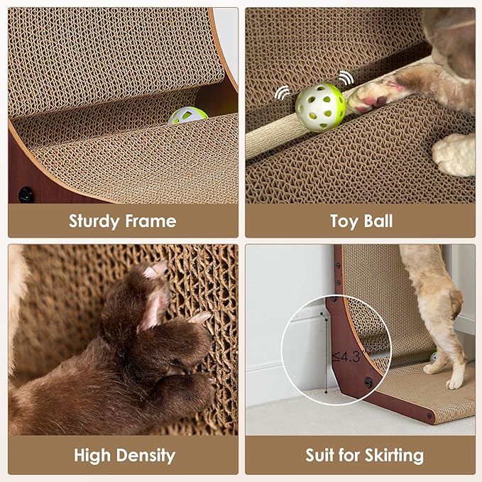 EHEYCIGA Cardboard Cat Scratcher for Indoor Cats, 32 Inch L Shaped Vertical Cat Scratching Board with Ball Cat Toy, Extra Large Cat Scratcher Pad, Dark Brown