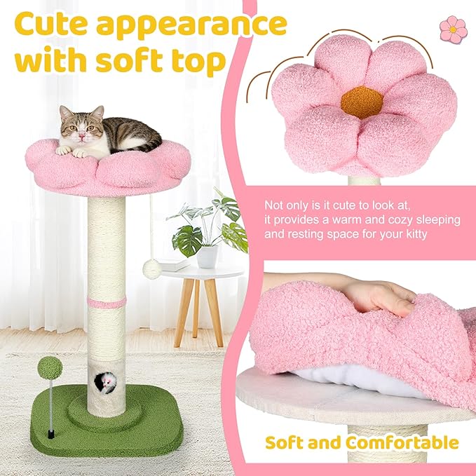 Tall Cat Scratching Post for Indoor Cats Adults, Cat Scratch Post with Sisal Rope Claw Scratcher, Solid Wood Cat Tower with Scratching Post and Cat Toys Mouse Hole, Flower Small Cat Tree (Pink Flower)