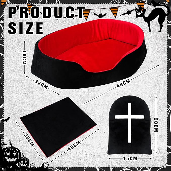 3 Pcs Gothic Cat Bed Set with 19 Inch Washable Coffin Cat Bed Black Tombstone Pillow Red and Black Blanket Gothic Pet Furniture Activity Center for Halloween