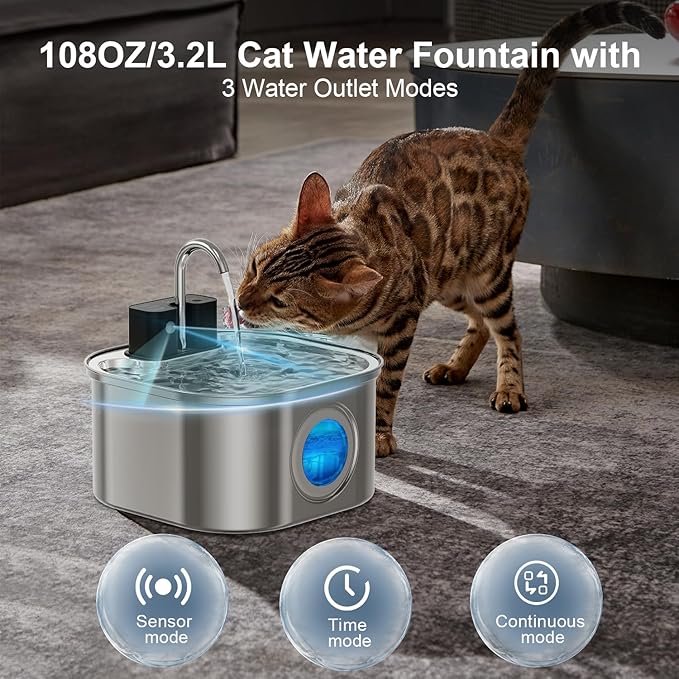 Cat Water Fountain Wireless,Stainless Steel-Rechargeable- Battery Operated Cat Water Fountain,108oz/ 3.2l Automatic Cordless Pet Fountain,Pet Fountain with 4200 Mah Battery