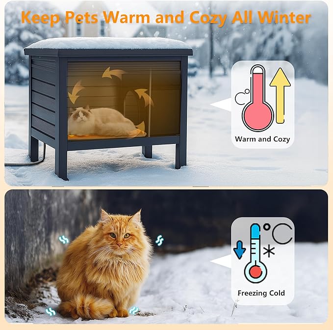 Outdoor Heated Cat House for Outside, Insulated Cat House Outdoor Weatherproof with Heated Pad & Air Rods for Winter, Large Outside Cat Shelter with Raised Floor & Ground Spike for Feral Cats, Black