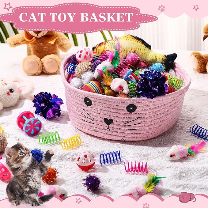 Zopeal 58 Pcs Summer Graduation Cat Storage Basket Gift Toys Set, Colorful Flashing Balls Pet Bell Crinkle Balls Spring Toys Attract Cat to Swat, Hunt, Interactive for Pet(Pink,9.8 Inch)