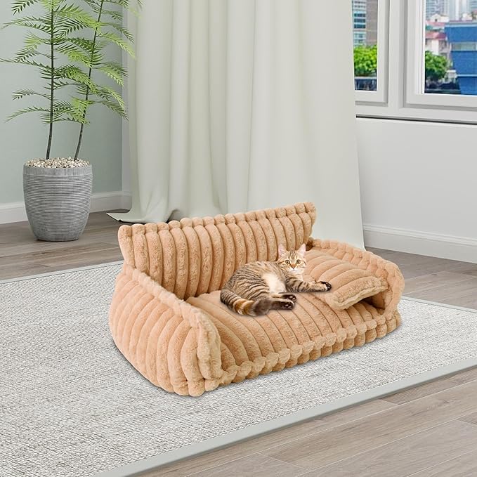 Plush Pet Couch, Soft Cat Bed with Bolster, Comfortable Pet Sofa for Indoor Lounging, Washable Cover, Large Size, Perfect for Medium to Large Breeds (Camel)
