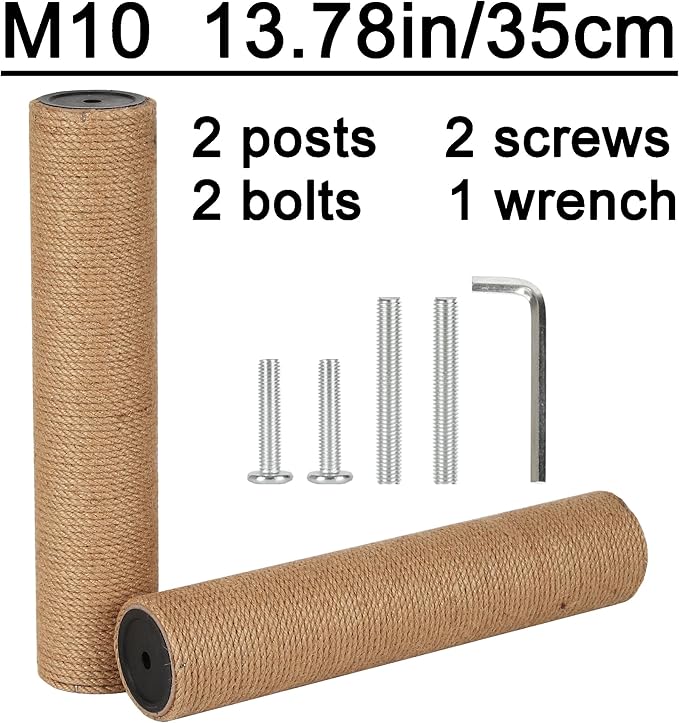 7.4cm 2.91in Diameter Cat Tree Scratching Post Replacement Jute Pole Parts for Cat Tower (13.78in/35cm, M10*2poles)