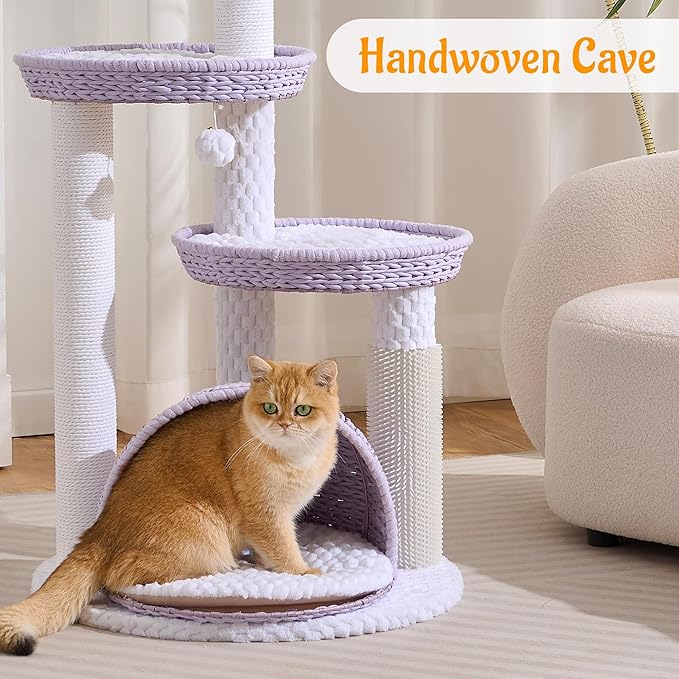 HITTITE Modern Cat Tree Tower with Scratching Post, 46 Inches Tall Cat Towers with Woven Cat Nests and Cave, Multi-Level Cat Tree With Removable Cushions and Massage Brush for Indoor Cats Large Adult.