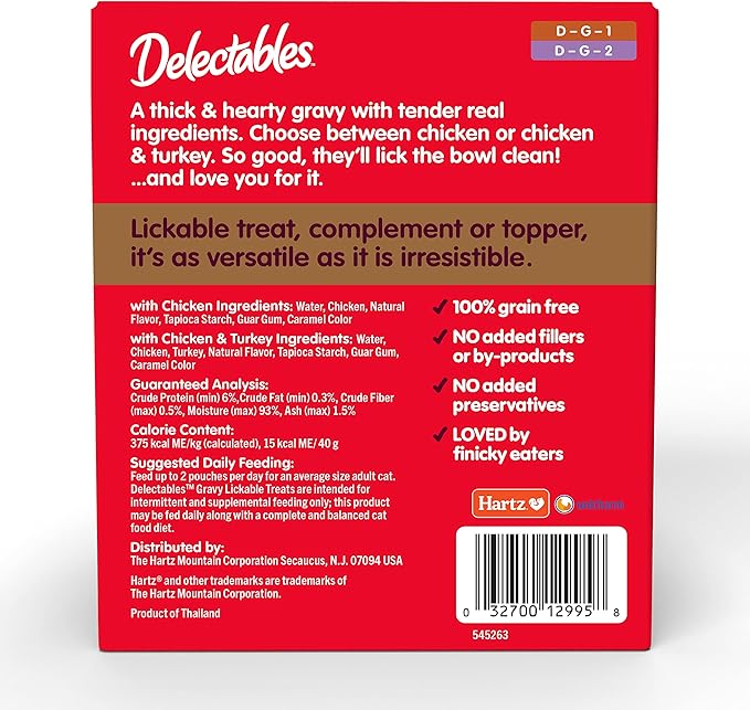 Delectables Lickable Treat Gravy Wet Cat Treat Variety Pack, Food Topper, Hydrating, Grain-Free, No Fillers, By-Products, Added Preservatives, 1.4oz Pouch, 12ct