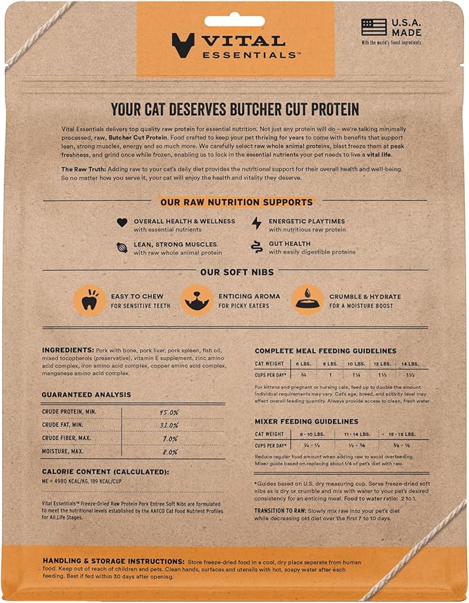 Vital Essentials Freeze Dried Cat Food, Raw Pork Soft Nibs | Complete Meal or Topper | 99% Pork, Organs & Bone | Limited Ingredient, High Protein, Grain Free Dry Cat Food | 12 oz Bag