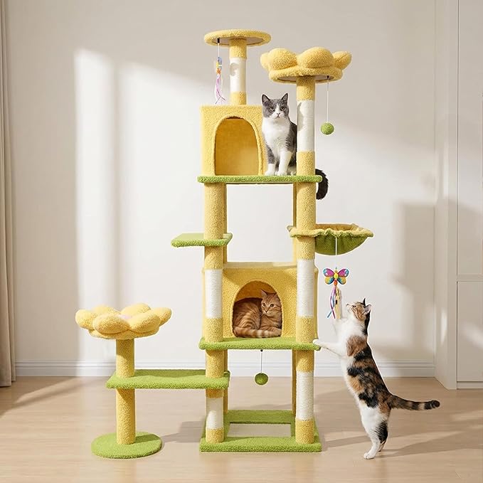 Flower Cat Tree 71 Inches，Large Cat Tower with 2 Detachable Flower Cushions and 2 Hiding Condo, Tall and Big Cat Tree with Hammock Bed, Interactive Toys and Scratching Posts for Indoor Cats (Yellow)