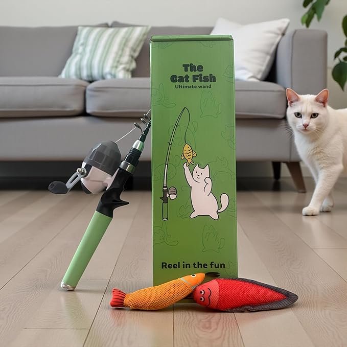 Meowy Cat Wand Toy – Cat Fishing Pole Toy with Reel The Cat Fish Fishing Rod, Telescopic Fiberglass Interactive Teaser Wand for Indoor Cats with Catnip Dental Mesh Attachments