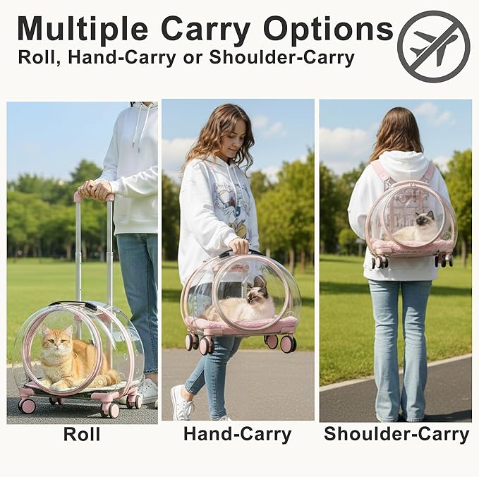 Hard Shell Cat Carrier with Wheels, Rolling Cat Travel Carrier with Telescoping Handle, Transparent Pet Carrier for Cats (Pink)