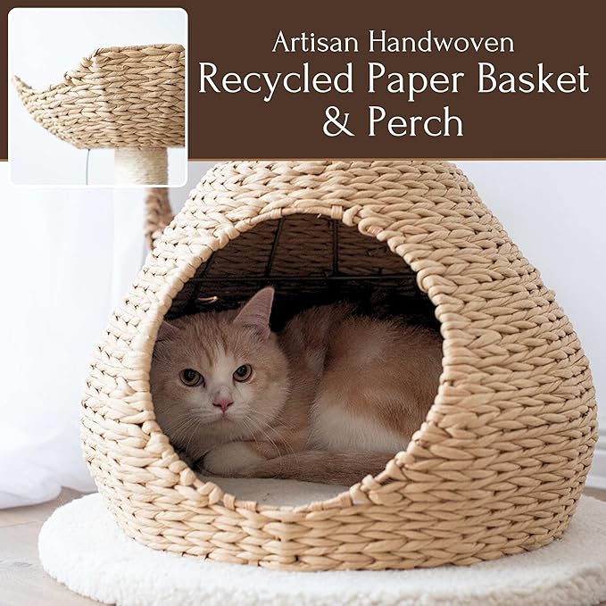 Petpals 28" High 2 Level Handwoven Paper Rope Nest Cat Bed and Large Handwoven Basket Hideaway with Washable Cushions,Replacement Natural Sisal Scratching Post for Indoor Cats