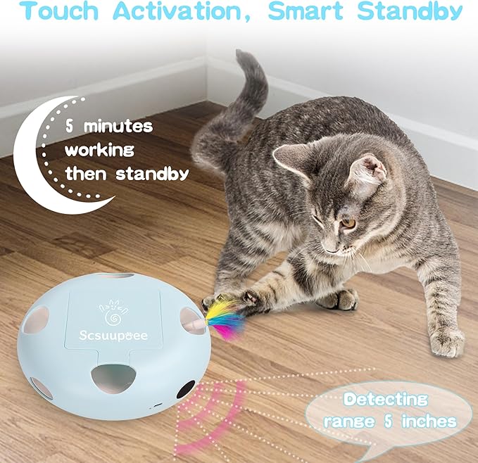 Cat Toys, Rechargeable Interactive Cat Toy, Smart Sensor Pop-Up Feather Toy with 7 Holes, USB Powered Automatic Kitten Toy for Indoor Cats, Blue