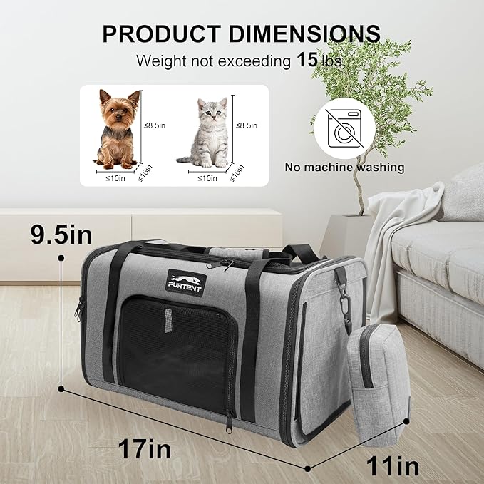 Soft Sided Cat Carrier Airline Approved up to 15lbs, 17x11x9.5 Inch Ventilated Pet Travel Bag with Foldable Litter Box & Storage, Portable Cat Transport Carrier for Flights Car Vet Gray
