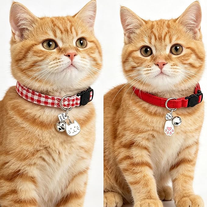 2 Pack Cotton Breakaway Cat Collars with Bell and Charms Red Solid Plaid Safety Collars for Girl Boy Cats, Cat Head and Paw Pendant Cute Kitten Collars
