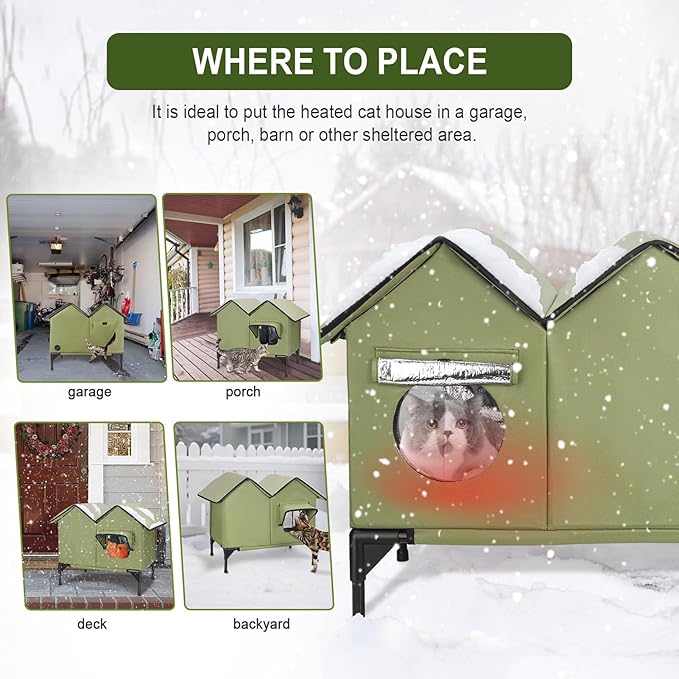 Heated Cat House for Outside Winter, Large Heated Outdoor Cat House Weatherproof, Elevated Bed, Escape Door, Insulated Outdoor Cat Shelter with Heater for Multiple Cats Feral Stray Kitty, Easy Setup