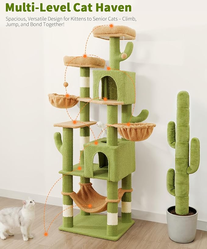 AMHANCIBLE Cactus Cat Tree, 70 Inch Tall Cat Tower for Indoor Cats, Multi-Level Cat Tree with Scratching Post, Hammock, Hanging Basket, Large Cat Condos for Adult Cats Kittens, Green, PT18GR