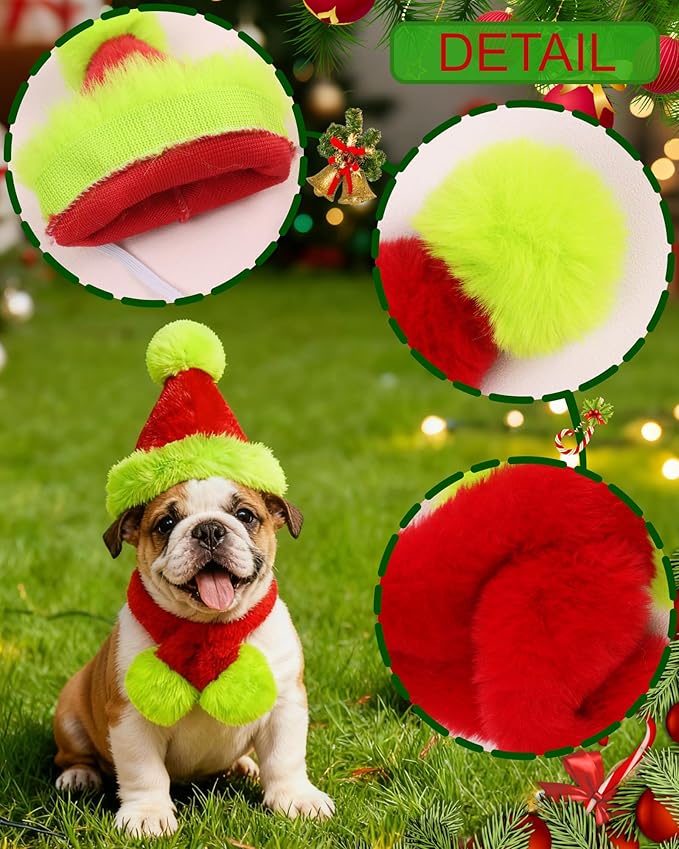 Dog Christmas Hat with Scarf, Cat Santa Hat Soft Plush Dogs Mini Santa Hats Small Dogs or Cats Pet Costumes Goose Cat Christmas Outfit(Green Red, Medium)