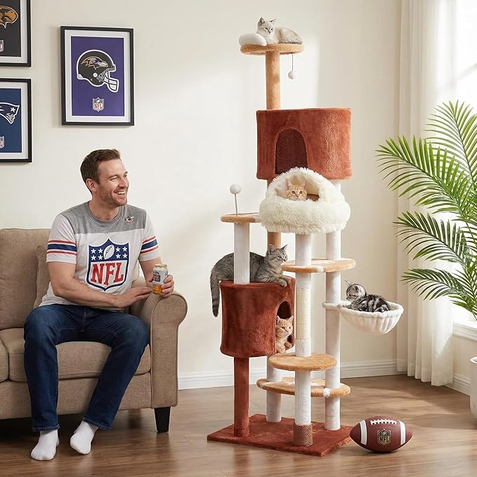 Erinnyees 74" Extra Large Football Cat Tree Tower for Indoor Cats, Multi-Level Sports Themed Cat Condo with Sisal Scratching Posts & Hammocks, Heavy Duty Tall Pet Furniture Gifts for Fans
