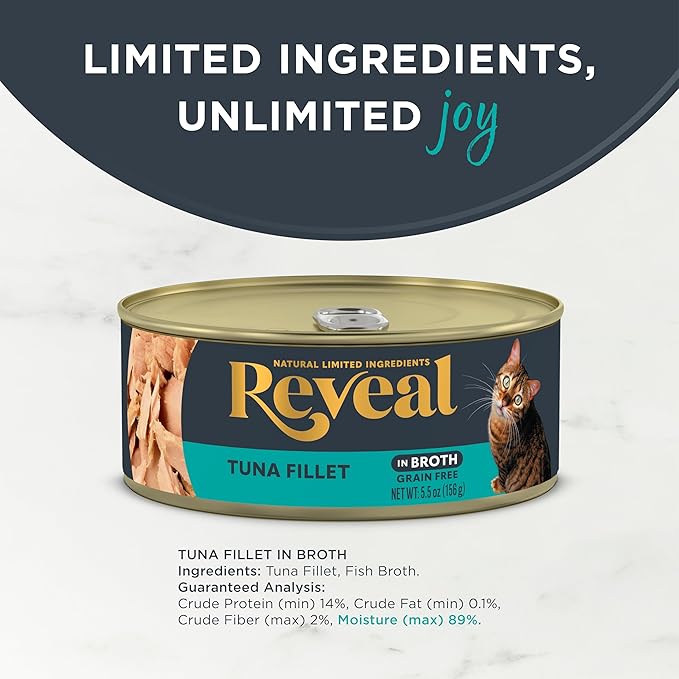 Reveal Natural Wet Canned Cat Food, Limited and Natural Ingredients, Grain Free, High Protein with No Artificial Additives, Tuna Fillet in Broth (12 x 5.5 oz Cans)