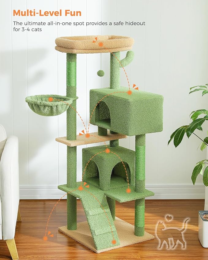 MUTTROS Cactus Cat Tree for Adult Cats with Super Large Top Perch, 56.3" Cat Tower for Cats with Plush Hammock, Dangling Pompom, Cat Scratching Posts and 2 Condos, Green House