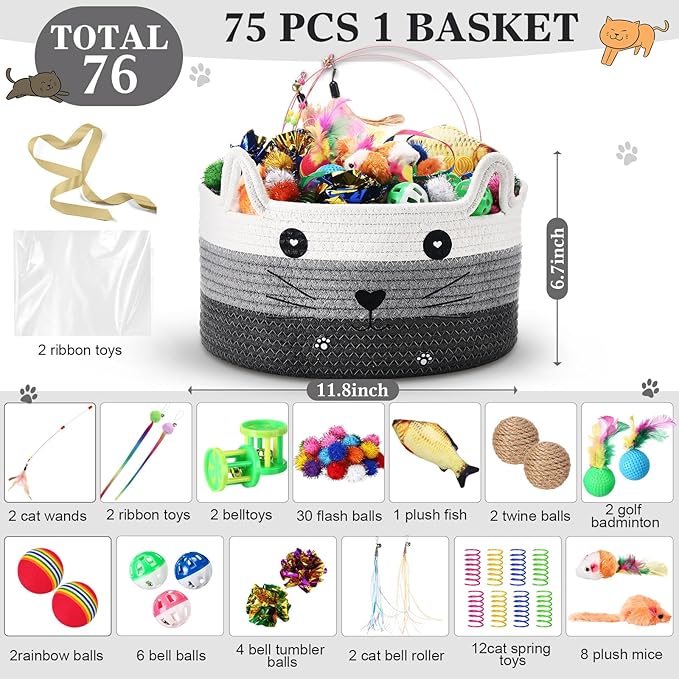 Zopeal 76 Pcs Graduation Cat Storage Basket Gift Toys Set Interactive Cat Toys Kitten Wand Colorful Flashing Balls Pet Crinkle Balls Attract Kitten to Swat, Hunt for Pet Indoor(Grey)
