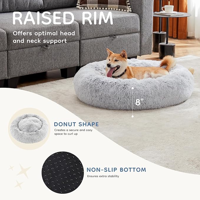 DUMOS 30.7x30.7 Inch Calming Donut Dog Beds for Large Dogs, Machine Washable Cuddler Warming Cozy Fluffy Faux Fur Plush Round Pet Bed, Anti-Slip Bed for Indoor Dogs and Cats, Grey