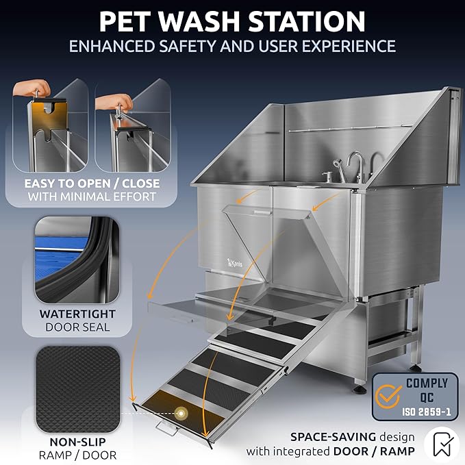 KANIS Professional Dog Washing Station 304 Stainless Steel Pet Wash Sink & Grooming Bathtub w/Shower, Floor Grates and Storage for Large, Medium & Small Pets (Silver, 50 Inches, Right Ramp, 2 Drawers)