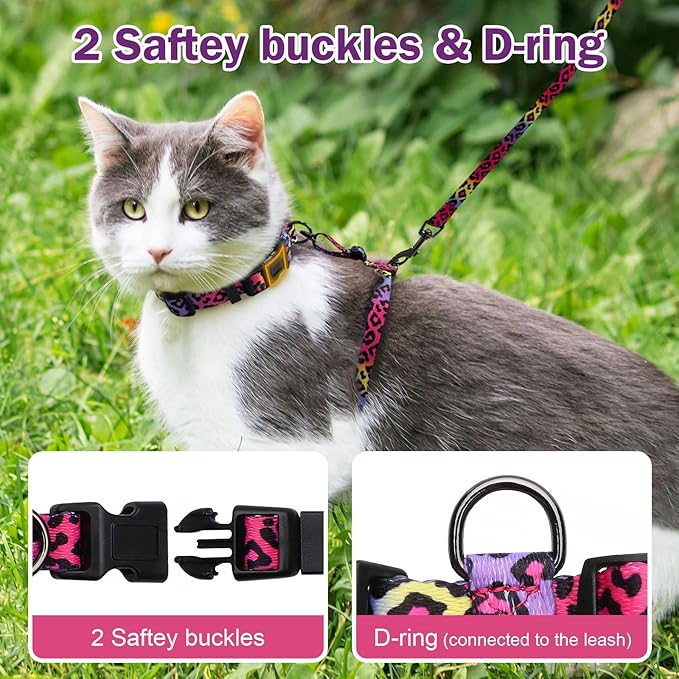 Hikiko Cat Harness and Leash Set Escape Proof Adjustable Walking Travel Soft Kitten Harness for Small Medium Large Cats (Gradient Leopard, M)