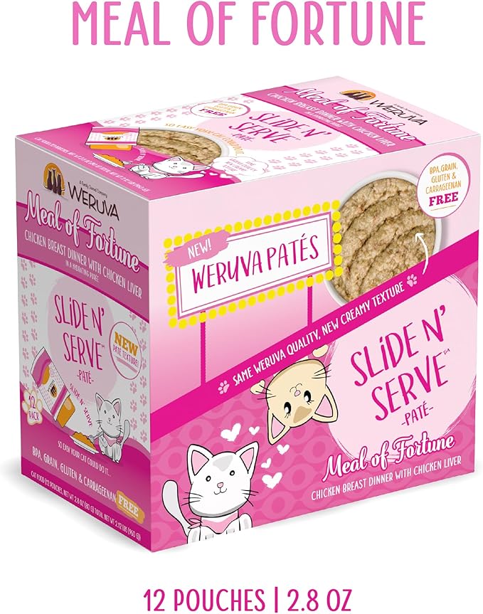 Weruva Wet Cat Food, Meal of Fortune Chicken with Chicken Liver Pate, 2.8oz Slide N Serve Pouch, Pack of 12