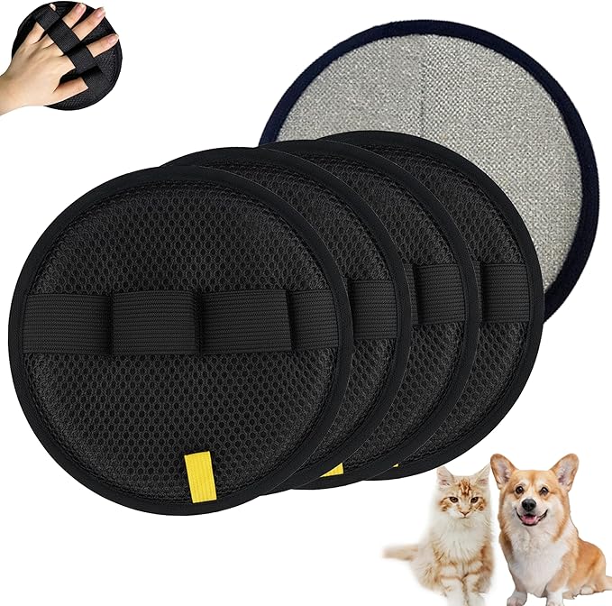 4Pack Pet Hair Removal Glove for Cats and Dogs, Four-Finger Circular Design with Soft Lining and Hanging Loop, Reusable Pet Grooming Gloves for Clothing, Carpet, Car Seats (Black)